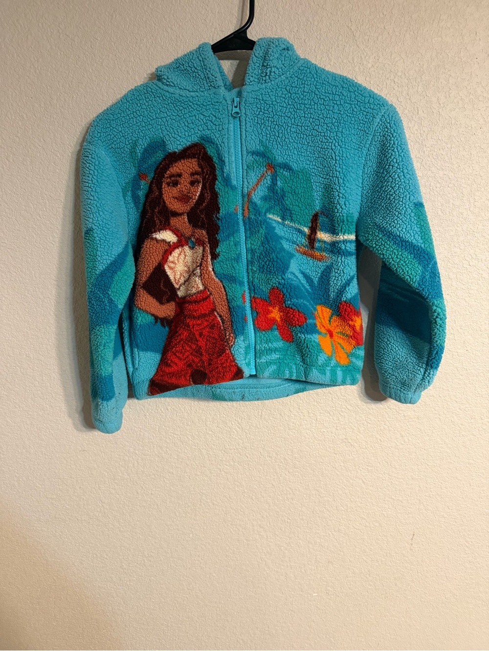 Disney Turquoise Hooded Fleece Jacket with Moana Graphic and Floral Accents